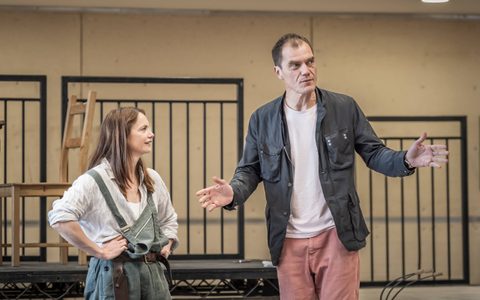 Michael Shannon wears a dark jacket and light pink jeans. He stands with his hands out in front of him, next to Ruth Wilson, who wears grey-blue dungarees and an off-white shirt. She smiles, looking towards Michael.