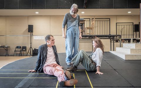 Ruth Wilson wears grey-blue dungarees and an off-white shirt. She sits facing Michael Shannon, who wears a dark jacket and light pink jeans, and both lean back on their hands. David Threlfall stands behind them.
