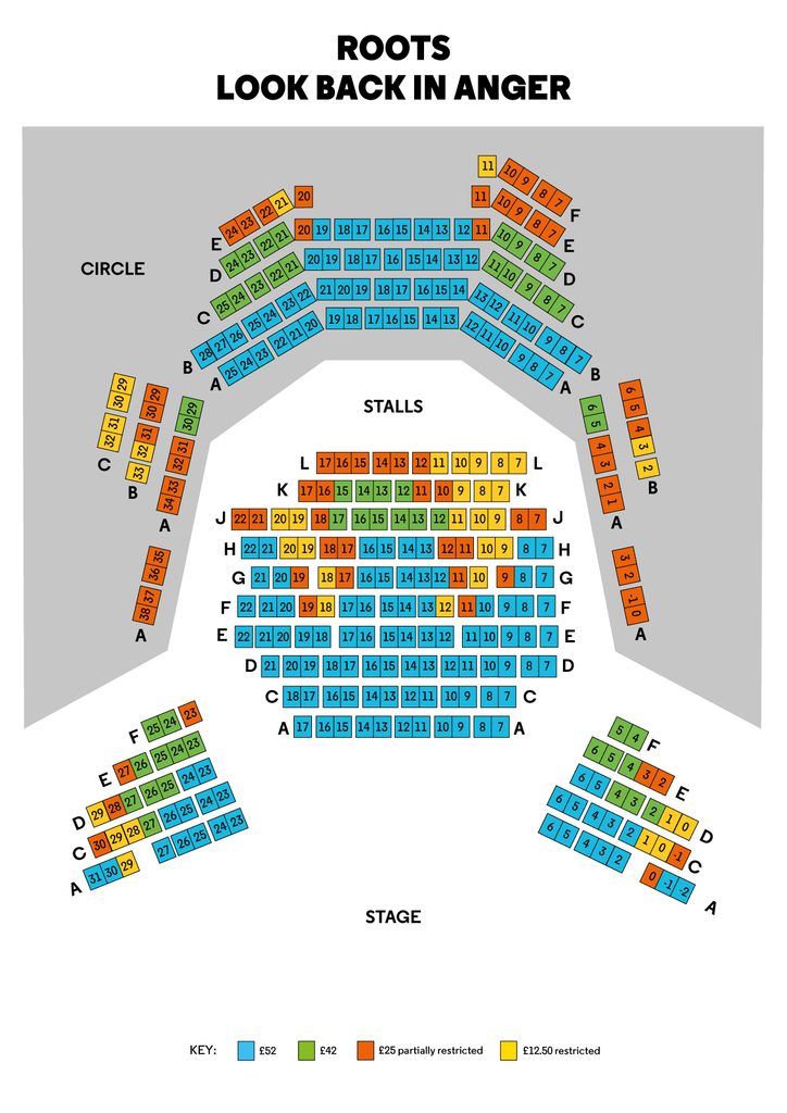 Diagram showing the seating plan for Look Back in Anger and Roots.