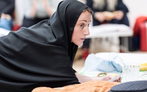 Nadia Albina in rehearsals for Under the Shadow. She wears a black hijab.
