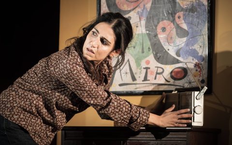 Leila Farzad bends towards a silver radio, looking over her right shoulder.