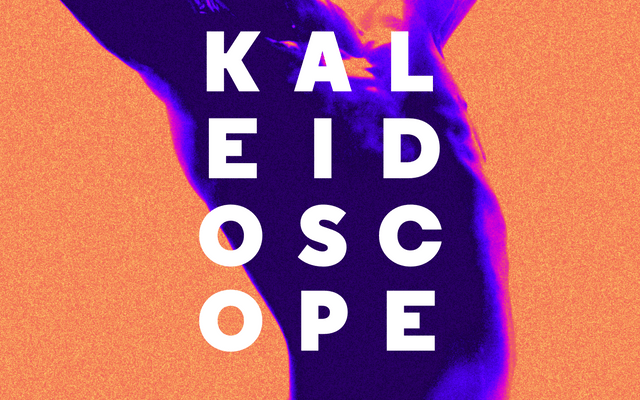 Kaleidoscope-Artists3 A person leaning back with their hands by their face, coloured in pink, purple and orange. Over the image is the text 'Kaleidoscope' in the middle, and 'Artist Call Out@ above and below.