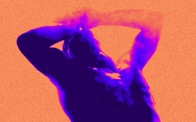 A person leaning back with their hands by their face, coloured in pink, purple and orange.