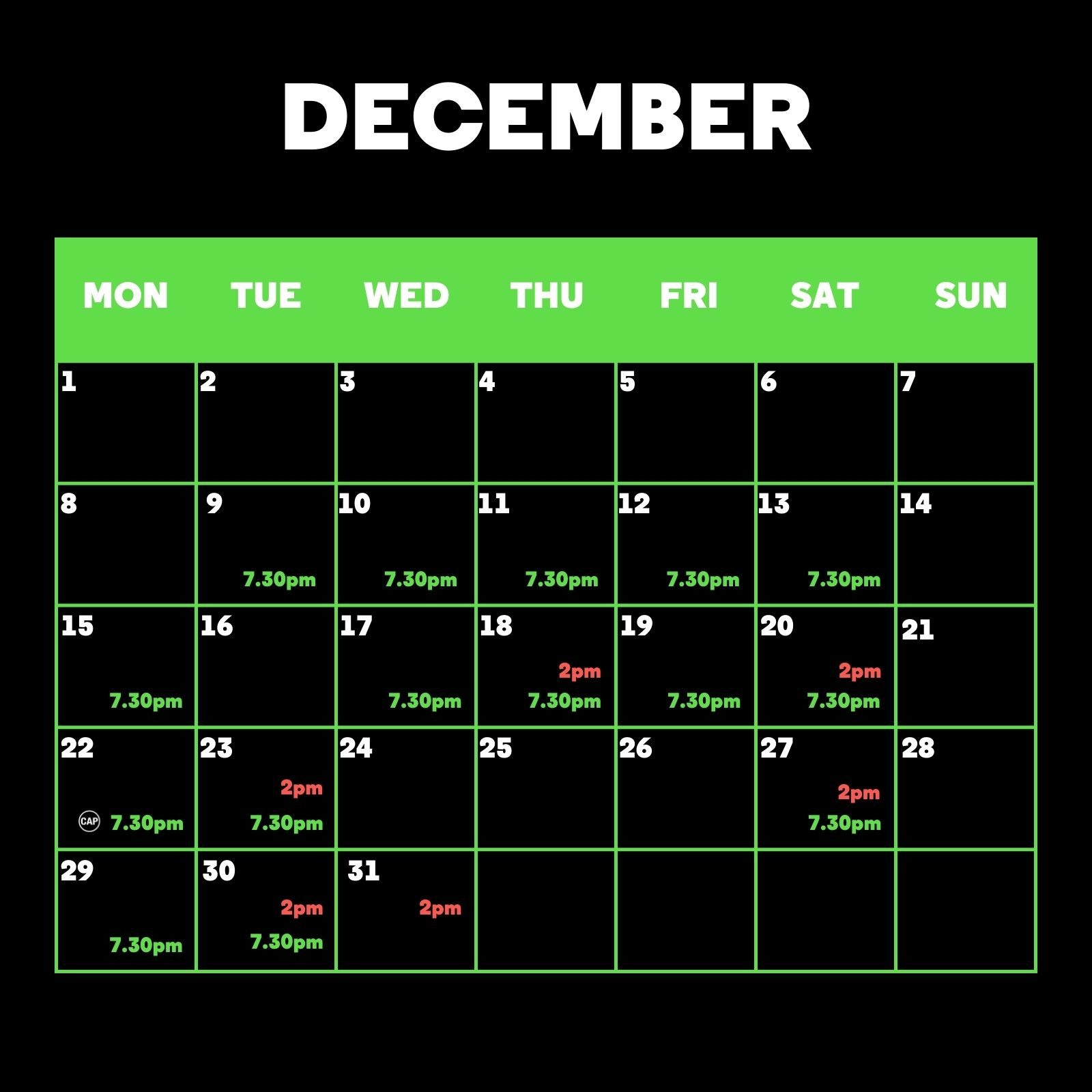 December Performance Schedule Graphic