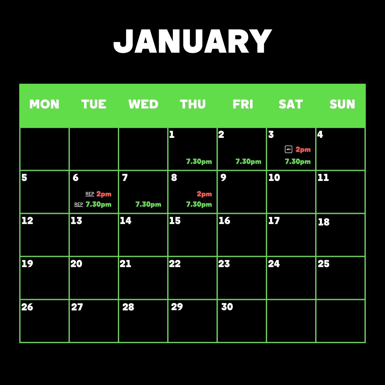 January Performance Schedule