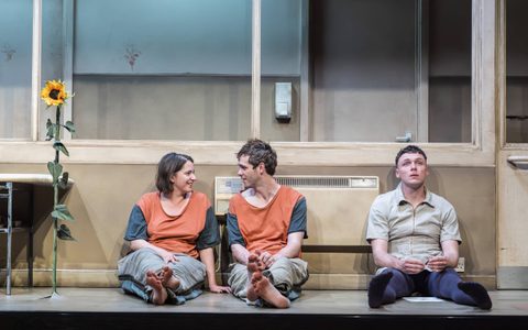 Stuart Thompson sits against a wall wearing a camel dress and purple tights looking forward. Jack Riddiford and Pearl Chanda sit further along the wall wearing the same orange and blue top. There is a yellow sunflower growing out of the floor.