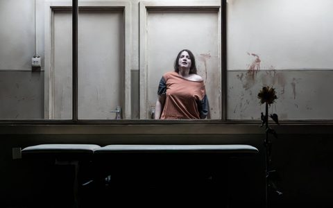 Pearl Chanda is visible through a large window, she is pressed against the back wall.